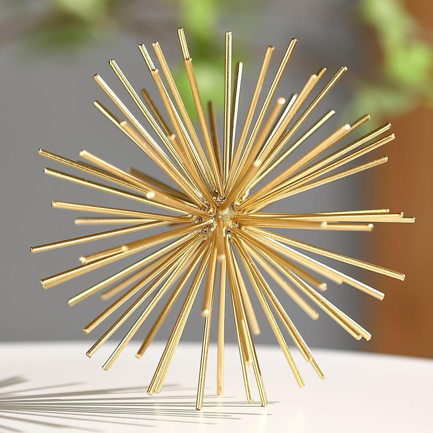 Silver Sphere Decor, Metal Starburst Tabletop Sculpture Decor, Mid-Century Modern Metal Starburst Centerpiece, Spike Ball Decoration for Home, Coffee Table Decor