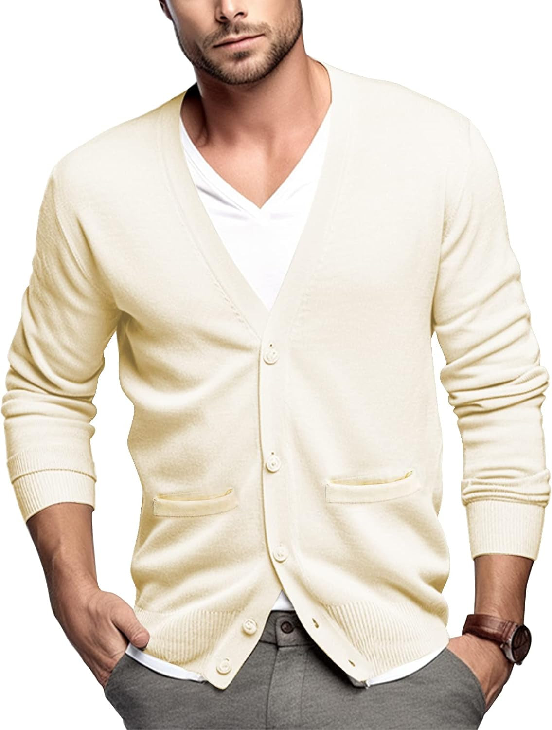 Men'S Cardigan 100% Cotton Sweater V-Neck Button down Knitted Outerwear with Pockets Fashion 2026