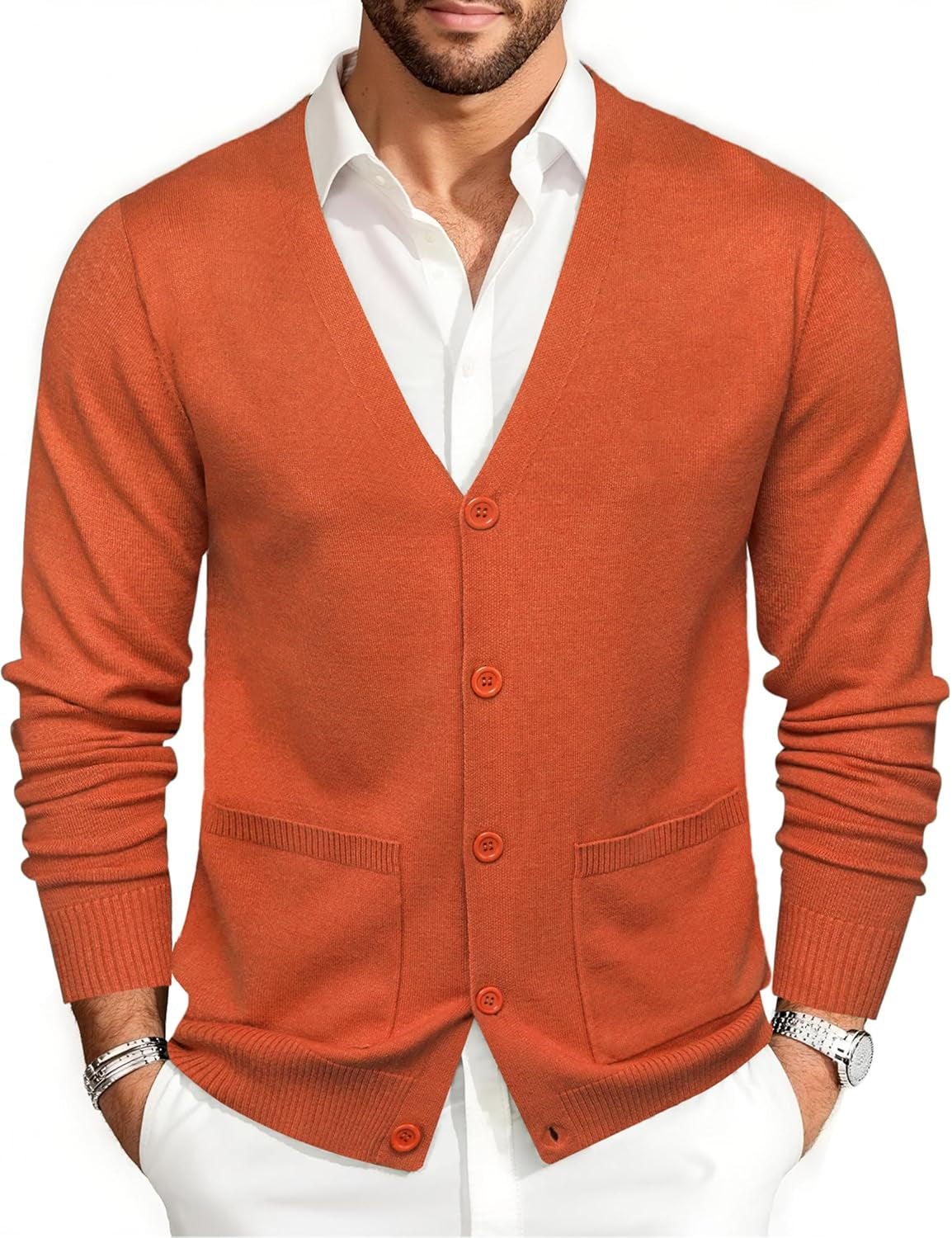Mens Cardigan Sweater Long Sleeve Casual V Neck Solid Knitwear Cardigans with Pockets Business Weekend