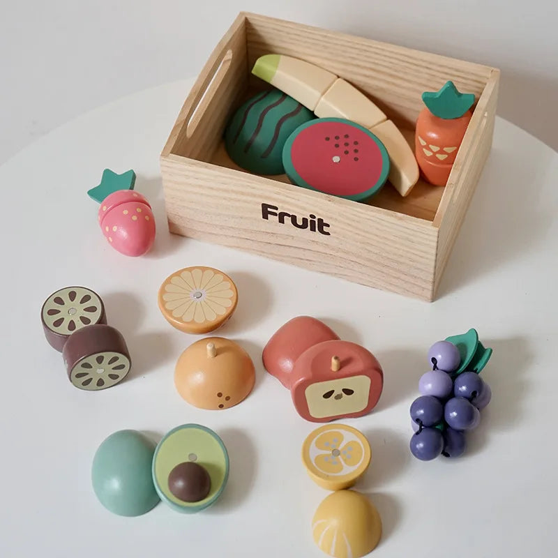 Children Play House Kitchen Games Simulation Wooden Boxed Fruit Cut Pretend to Play Magnetic Cookies Baking Girls Toys Set Gifts