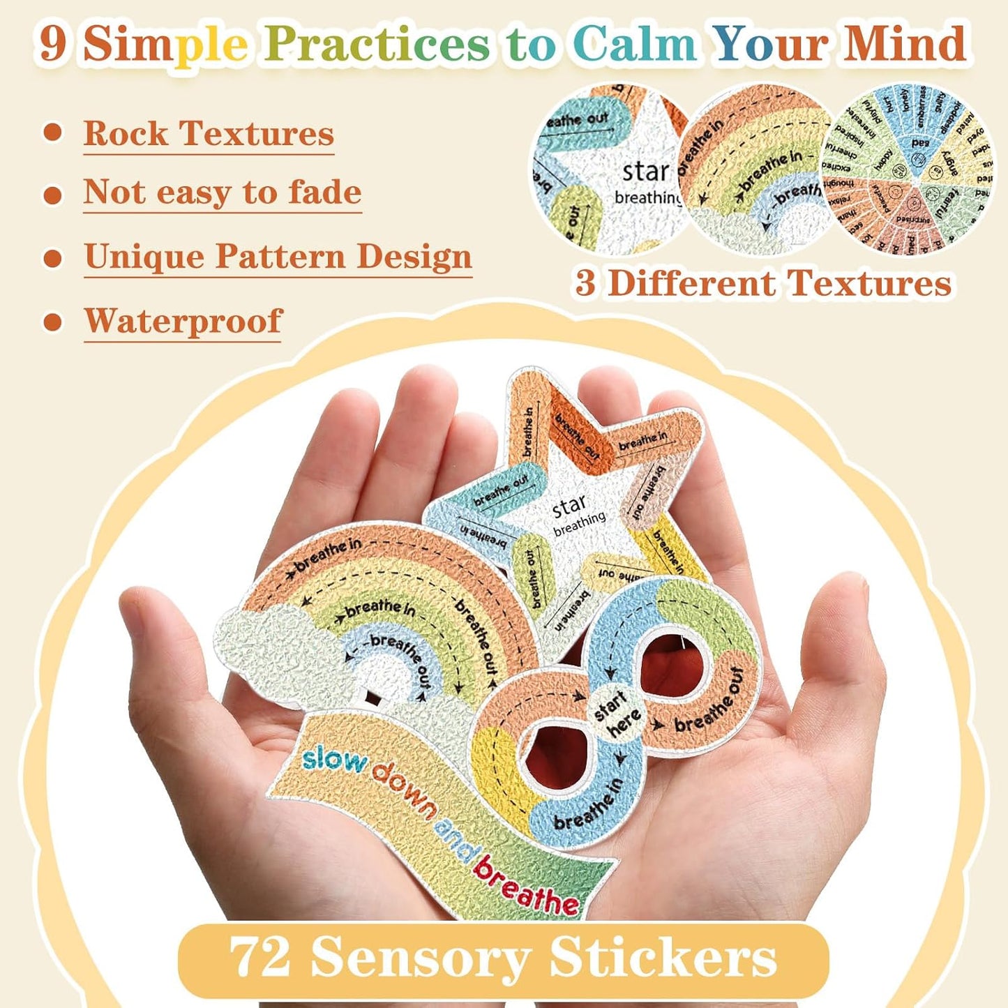 72 Pieces Anxiety Sensory Stickers Textured Stickers Fidget Mindfulness Sticker School Counselor Supplies Adult Sensory Items Anxiety Relief, 9 Styles(Retro Color)