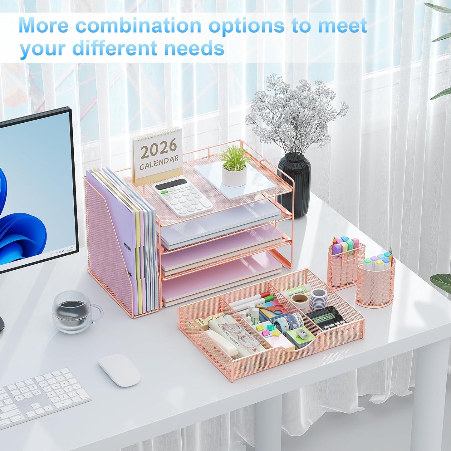 Desk Organizers and Accessories with File Holder, 4-Tier Desk Accessories & Workspace Organizers with Drawer and 2 Pen Holder, Paper Organizer for Office Supplies (Rose Gold)