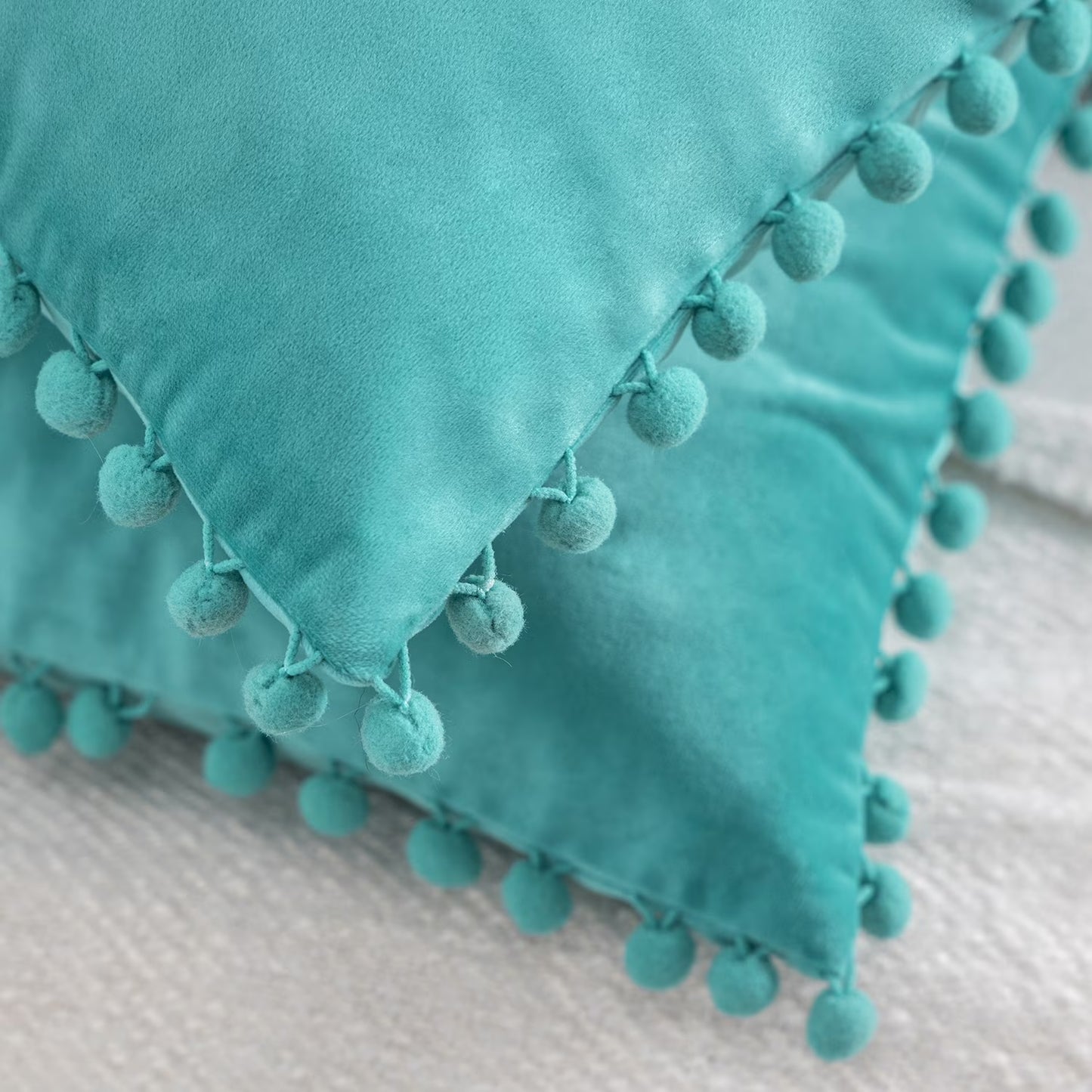 Velvet Series Pom Pom Square Decorative Throw Pillow, 20" X 20", Turquoise, 1 Pack