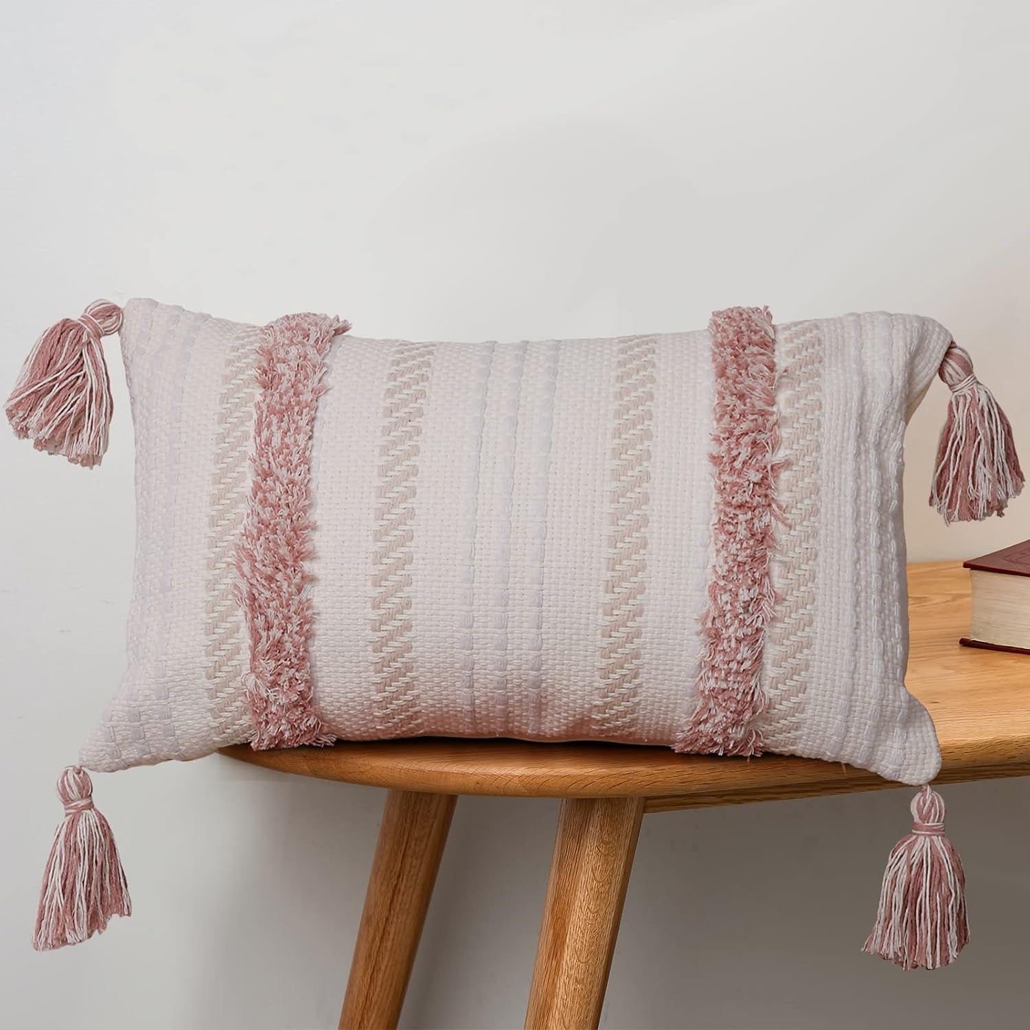 Boho Throw Pillow Covers Tufted Decorative Pillows Cover for Couch Bed Small Lumbar 12 X 20 Inch Pillow Cover, Modern Accent Farmhouse Neutral Throw Pillow Case, Pink