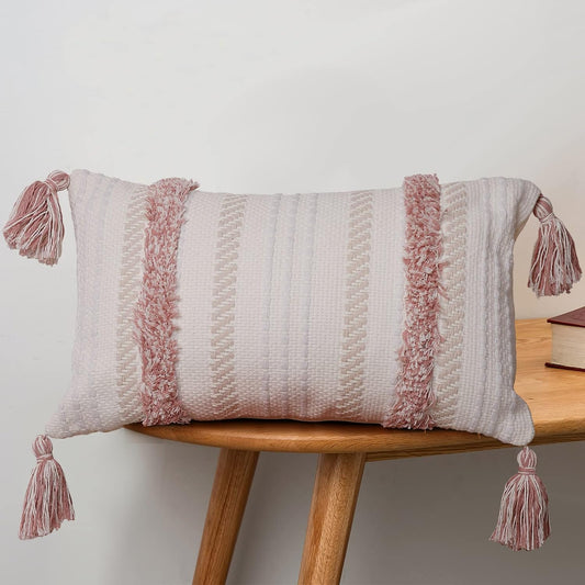 Boho Throw Pillow Covers Tufted Decorative Pillows Cover for Couch Bed Small Lumbar 12 X 20 Inch Pillow Cover, Modern Accent Farmhouse Neutral Throw Pillow Case, Pink
