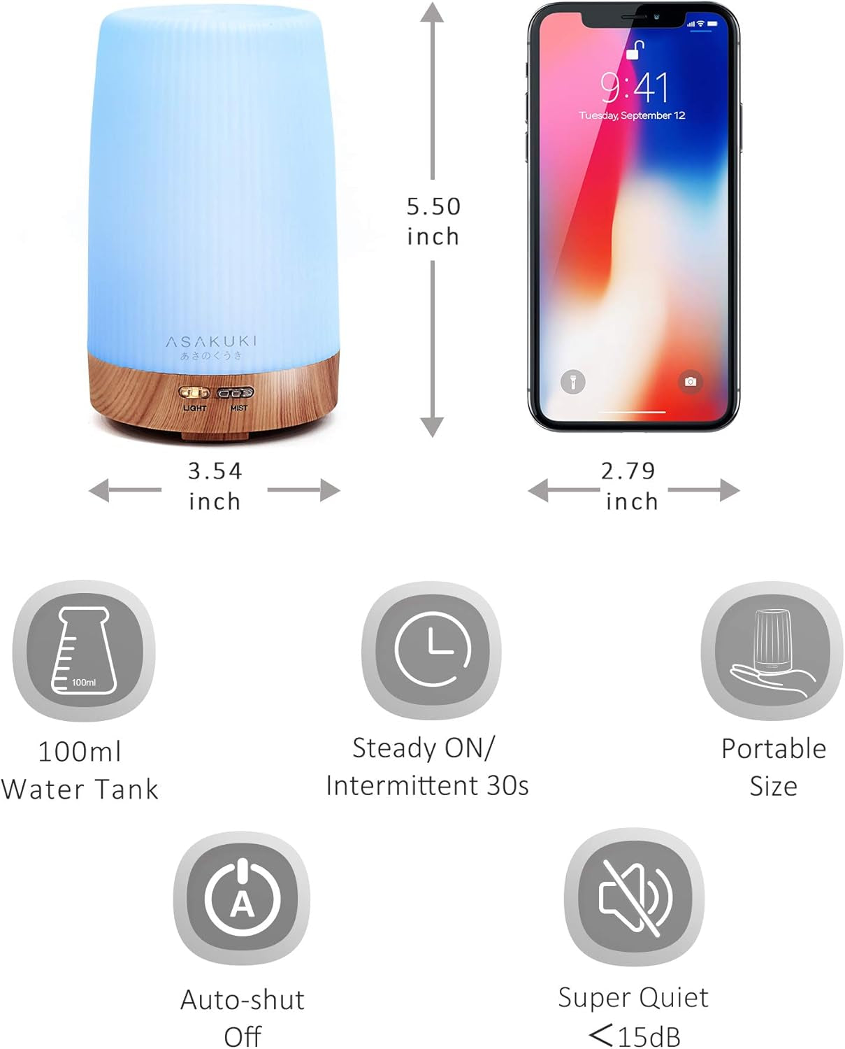 100Ml Essential Oil Diffuser, 5 in 1 Ultrasonic Aromatherapy Diffuser with Intermittent Timer, 7 LED Lights and Auto-Off Switch