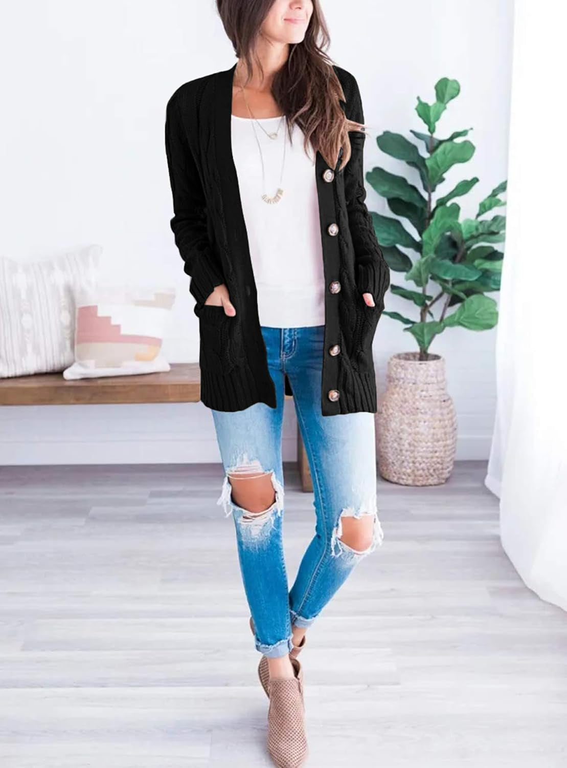 Women'S Open Front Cardigan Sweaters Fall Fashion Button down Cable Knit Chunky Winter Clothing Outerwear Coats