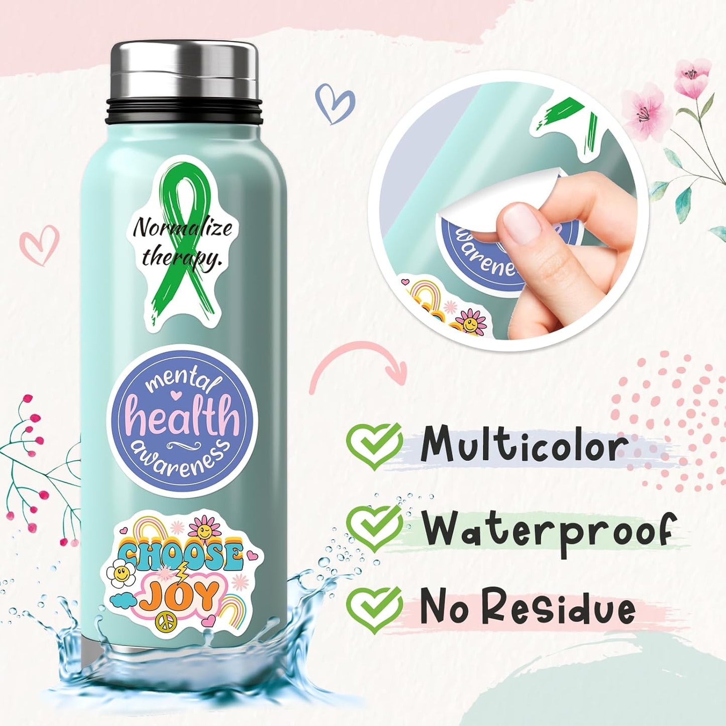 200PCS Mental Health Stickers, Mental Health Matters Awareness Stickers for Kids Adults Positive Therapy Vinyl Decals for Water Bottles Therapist Must Haves