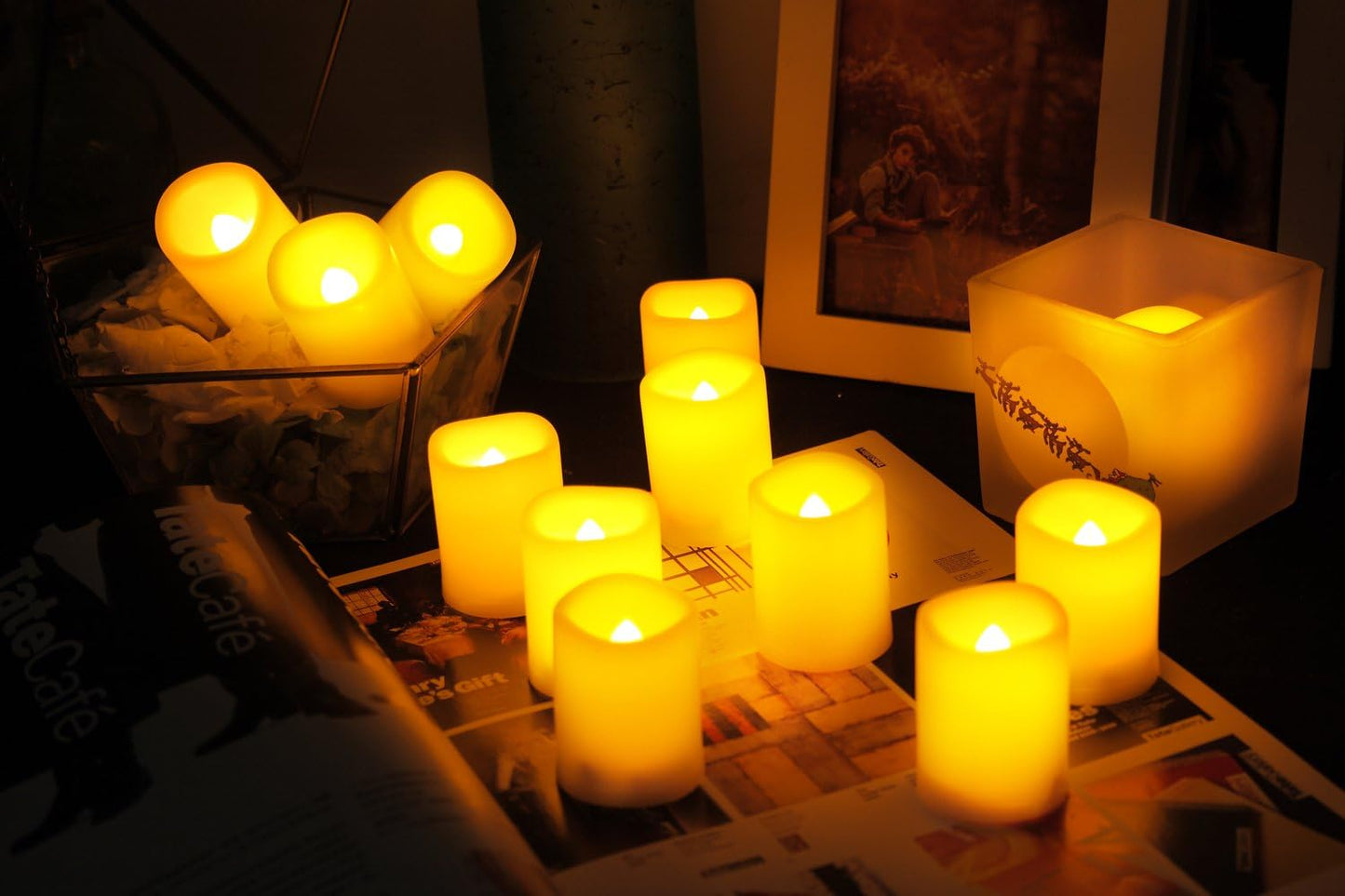 Battery Operated Flameless Votive Candles Realistic Flickering Fake Electric LED Tea Lights Set Bulk Wedding Party Halloween Christmas Decorations Table Centerpieces Batteries Incl 24PCS