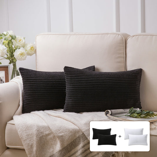 Fluffy Corduroy Velvet Solid Color Suqare Cusion Accent Decorative Throw Pillow for Couch, 12" X 20", Black, 2 Pack