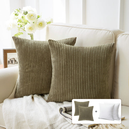 Fluffy Corduroy Velvet Solid Color Suqare Cusion Accent Decorative Throw Pillow for Couch, 18" X 18", Light Brown, 2 Pack