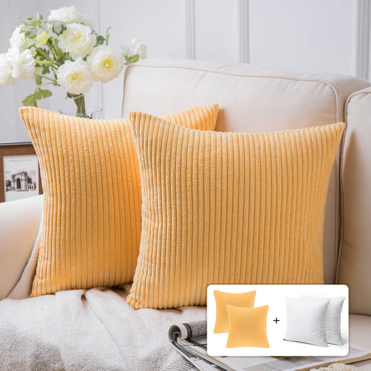 Fluffy Corduroy Velvet Solid Color Suqare Cusion Accent Decorative Throw Pillow for Couch, 18" X 18", Soft Orange, 2 Pack