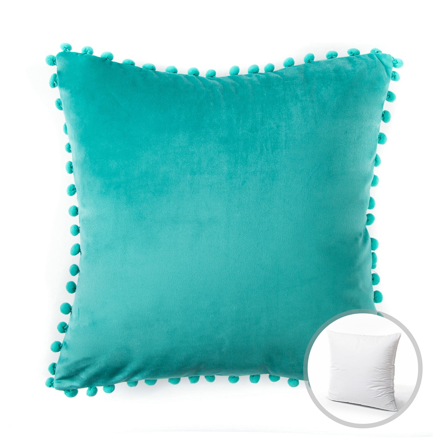 Velvet Series Pom Pom Square Decorative Throw Pillow, 20" X 20", Turquoise, 1 Pack