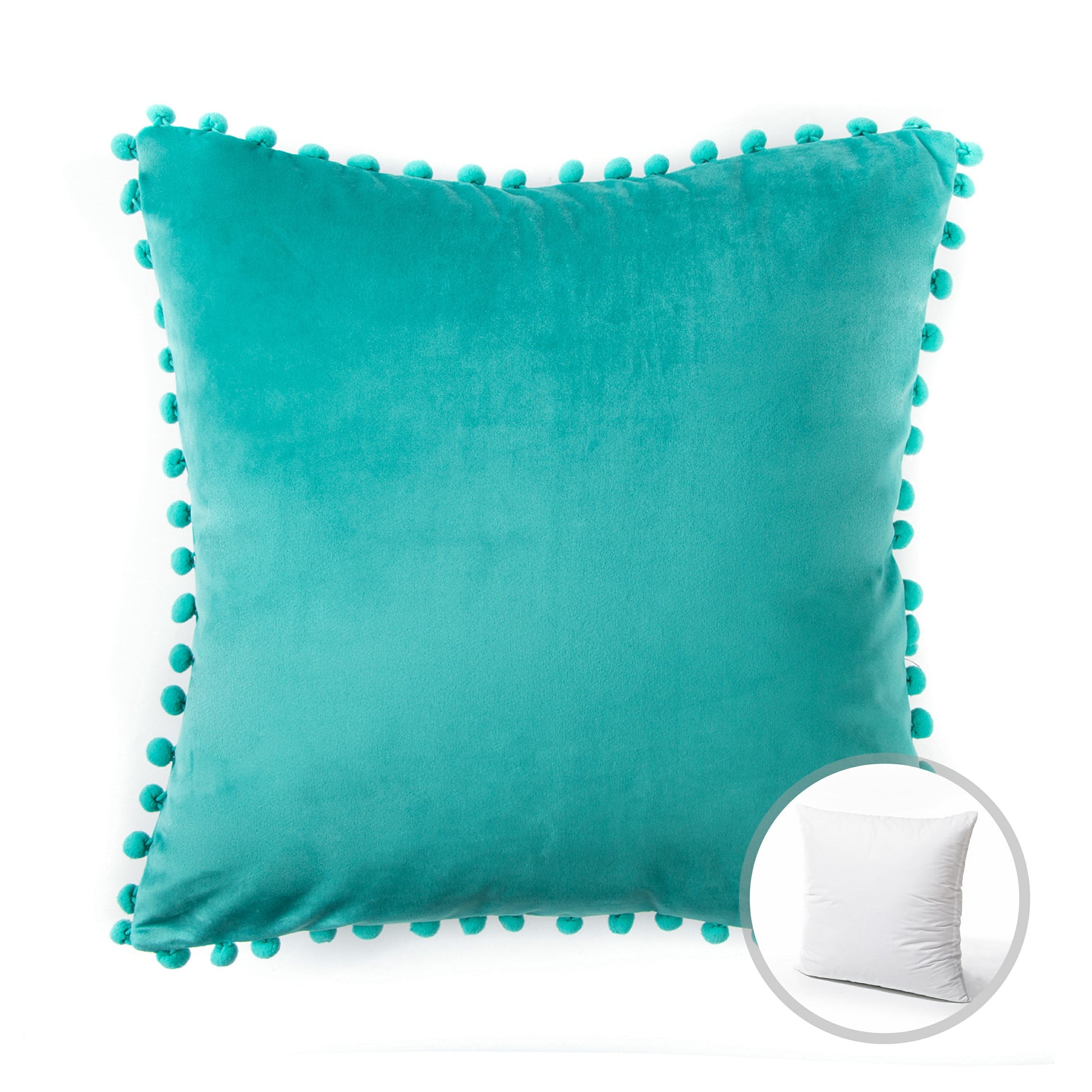 Velvet Series Pom Pom Square Decorative Throw Pillow, 20" X 20", Turquoise, 1 Pack