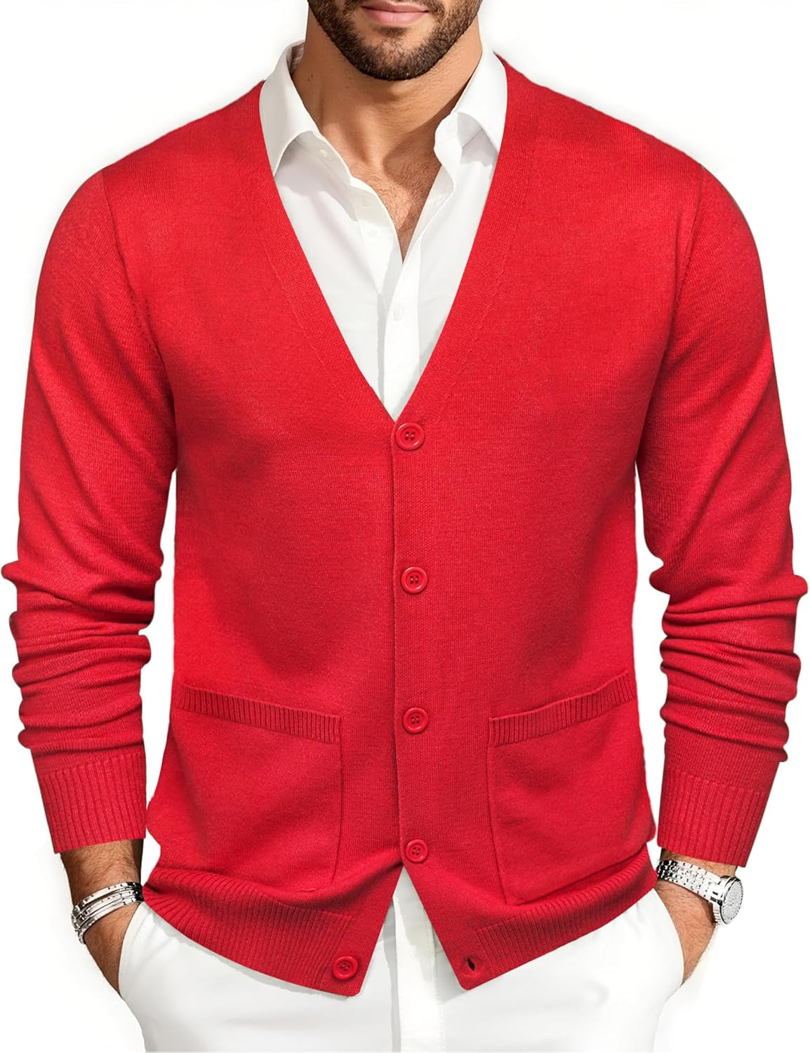 Mens Cardigan Sweater Long Sleeve Casual V Neck Solid Knitwear Cardigans with Pockets Business Weekend