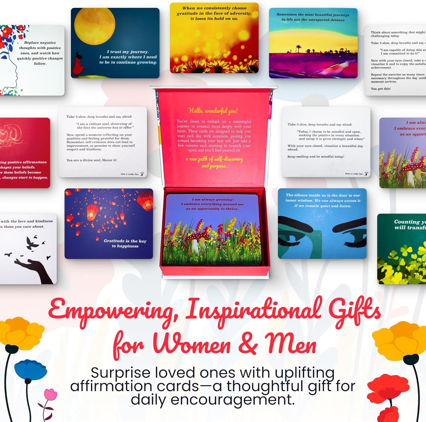 Positive Affirmation Cards with Mindfulness Exercises, Inspirational Tools for Everyone, Motivational Items, Self Care Gifts for Women, Men & the Youth, 60 Transformative Affirmation Cards