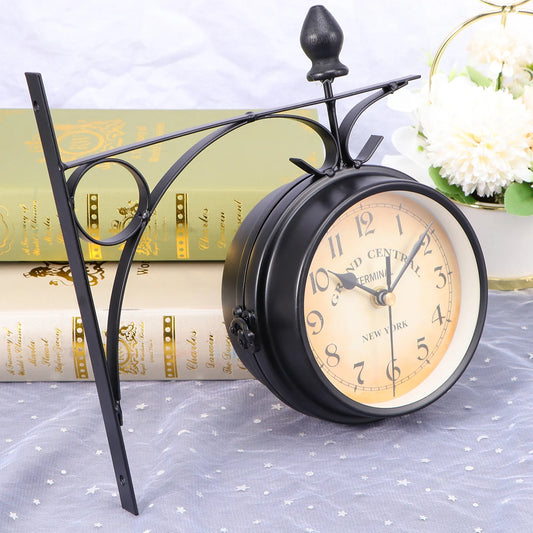 Double Sided Train Station Waterproof Wall Clock Retro Wrought Iron Wall Clock Garden Silent Wall Clock Timer Decoration