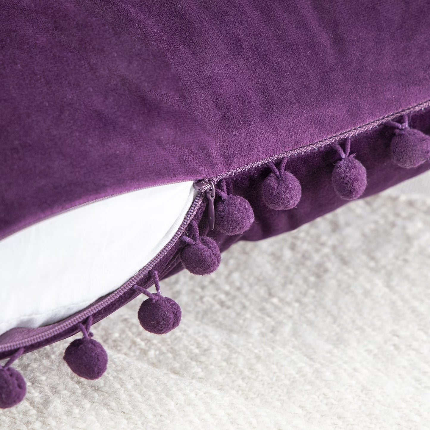 Silky Velvet Series Pom Pom Decorative Throw Pillow with Insert, 18" X 18", Dark Purple, 2 Pack