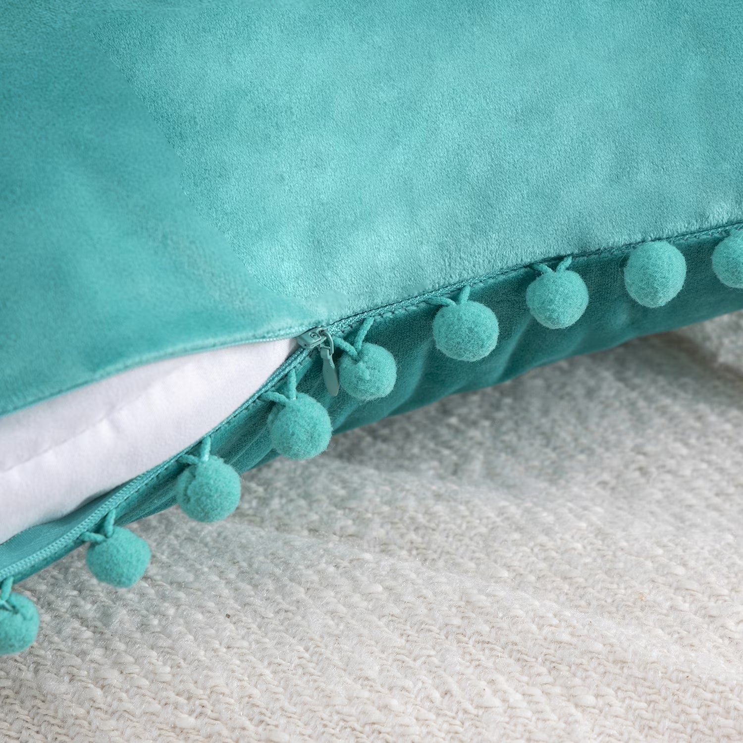 Velvet Series Pom Pom Square Decorative Throw Pillow, 20" X 20", Turquoise, 1 Pack