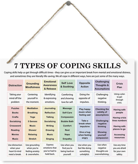 Therapy Decor, 7 Types of Coping Sills Sign, Mental Health Wall Decor, Decorative Wood Plaque for Hanging, Therapist Office Wall Decor, Psychology Decorations for Home Office Counseling Recovery
