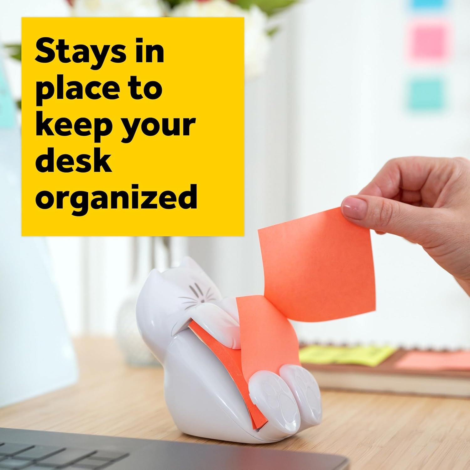 Dispenser, Sticky Note Holder, White Cat Design, Includes 45 Pop-Up Sheets of 3 in X 3 in Pink, Sticky Notes Holder for Desk, Classroom or Office Supplies
