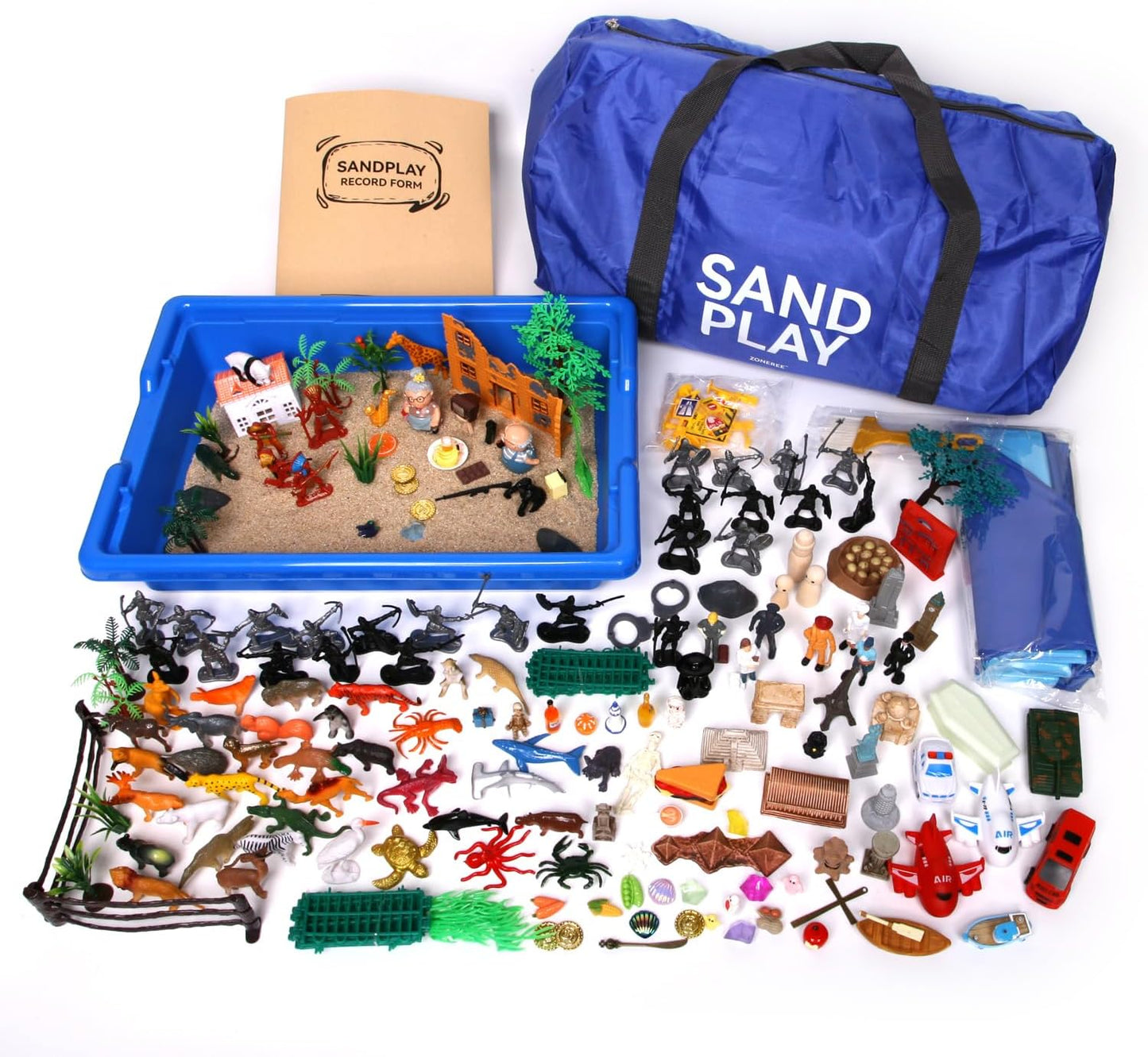 Sand Tray Therapy Portable Starter Kit: Foldable Professional Therapy Sandbox with 205 Sandtray Miniatures (Including Record Form)