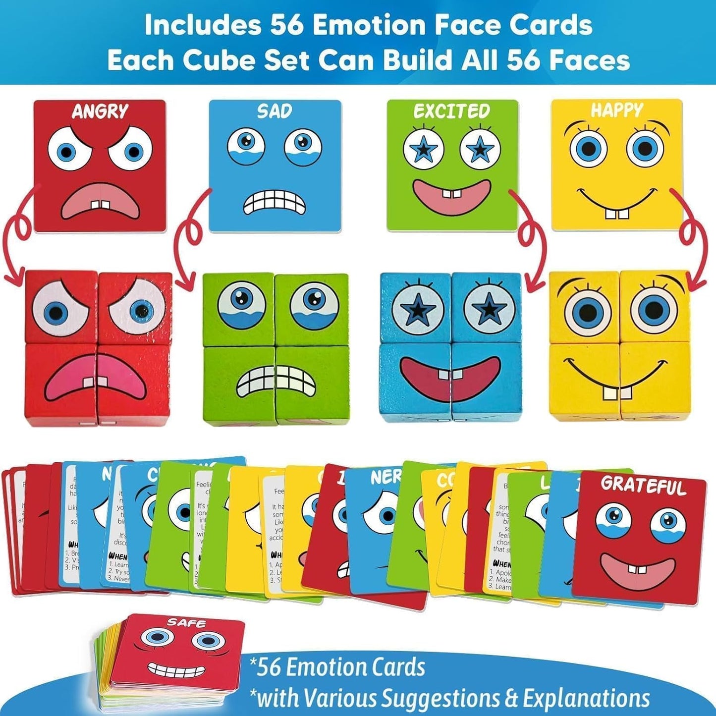 Feelings Cube Game for Kids Social Emotional Learning, W/56 Emotion Cards, Autism Speech Therapy Materials & Activities, School Counselor Office Must Haves, Feeling Toy for Kids