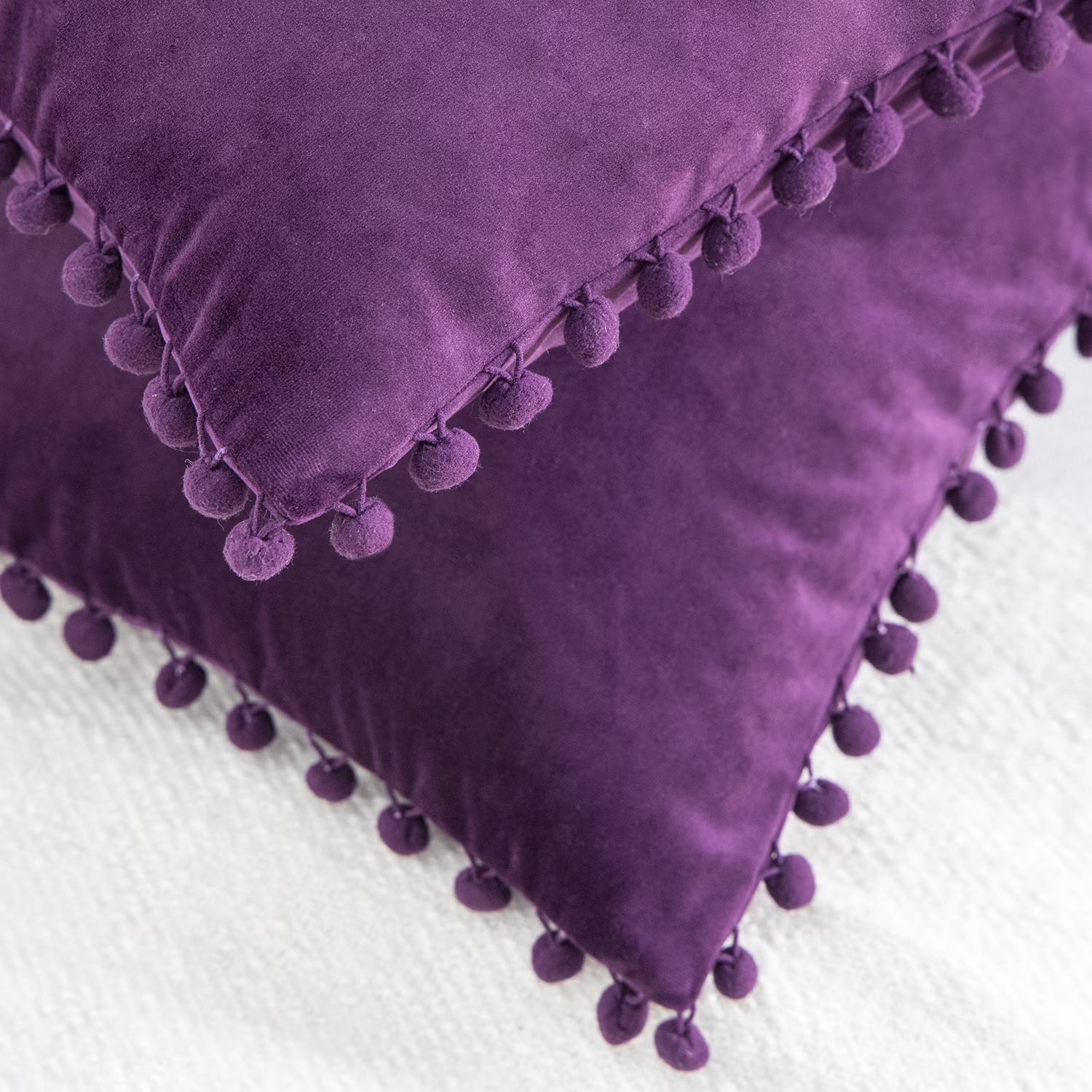 Silky Velvet Series Pom Pom Decorative Throw Pillow with Insert, 18" X 18", Dark Purple, 2 Pack
