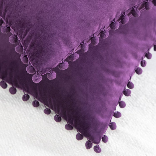Silky Velvet Series Pom Pom Decorative Throw Pillow with Insert, 18" X 18", Dark Purple, 2 Pack