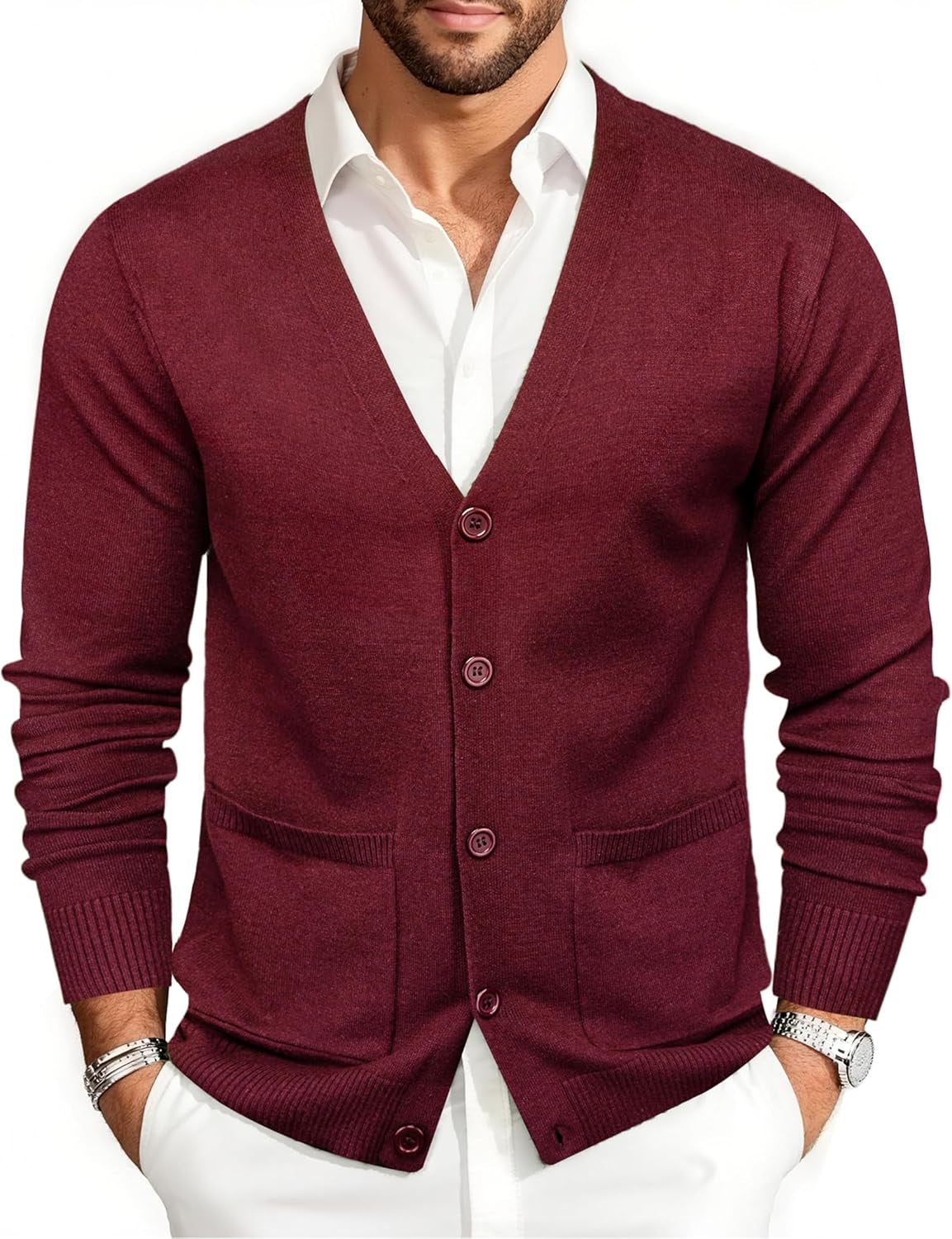 Mens Cardigan Sweater Long Sleeve Casual V Neck Solid Knitwear Cardigans with Pockets Business Weekend
