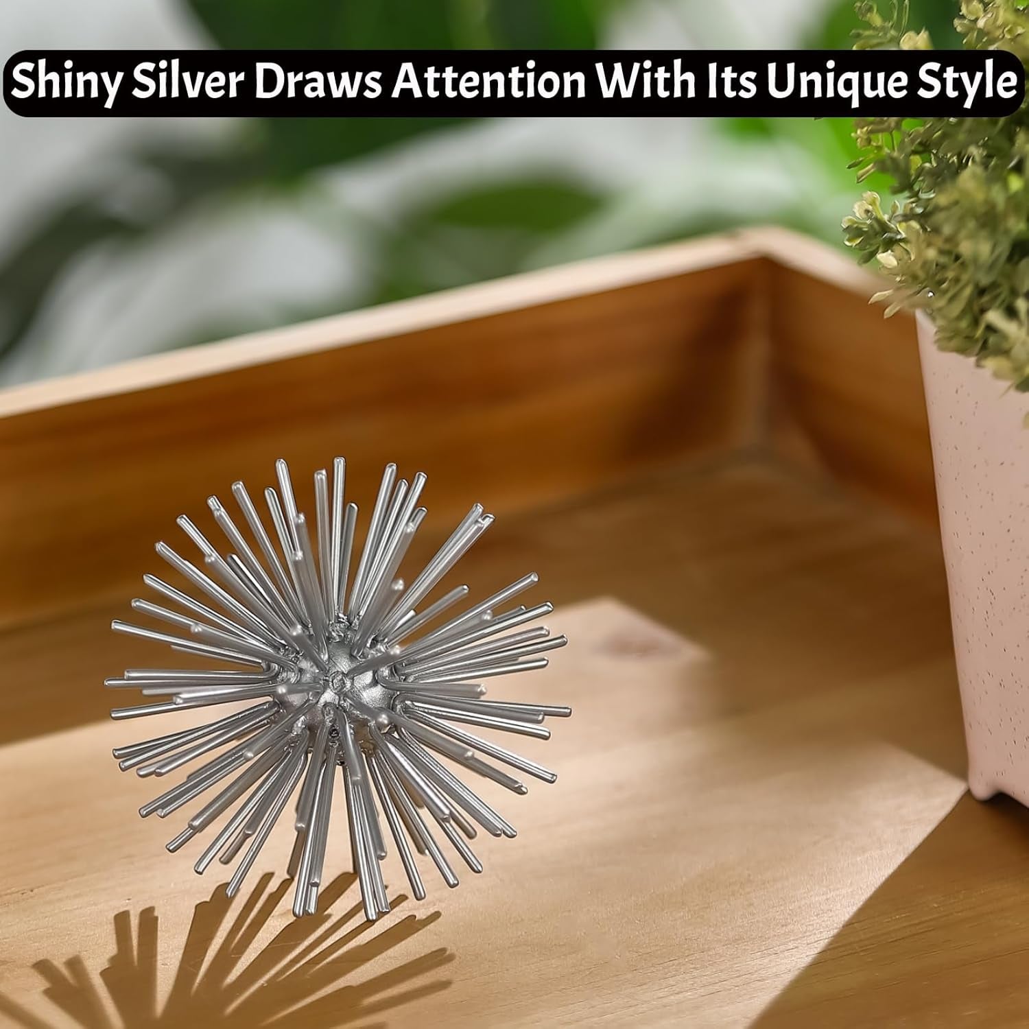 Silver Sphere Decor, Metal Starburst Tabletop Sculpture Decor, Mid-Century Modern Metal Starburst Centerpiece, Spike Ball Decoration for Home, Coffee Table Decor