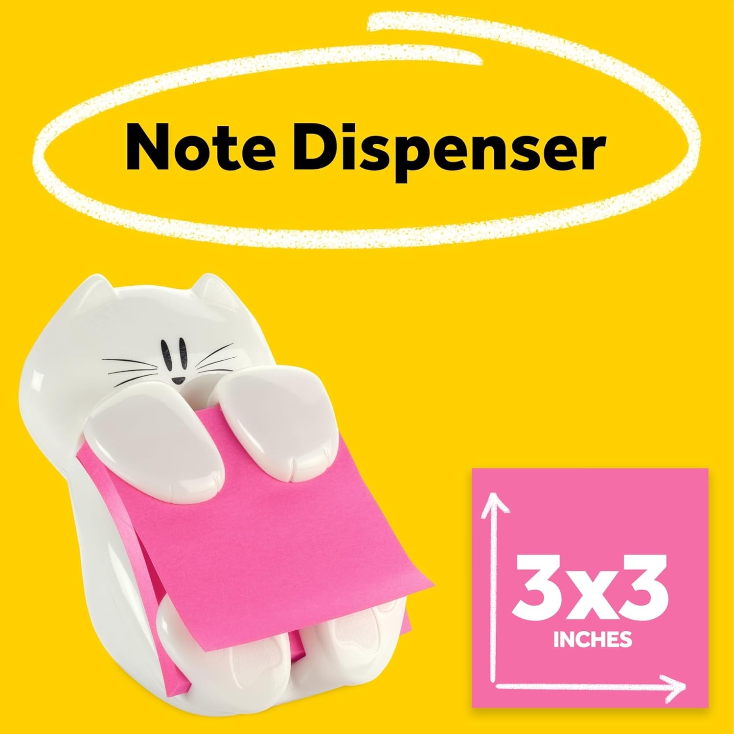 Dispenser, Sticky Note Holder, White Cat Design, Includes 45 Pop-Up Sheets of 3 in X 3 in Pink, Sticky Notes Holder for Desk, Classroom or Office Supplies