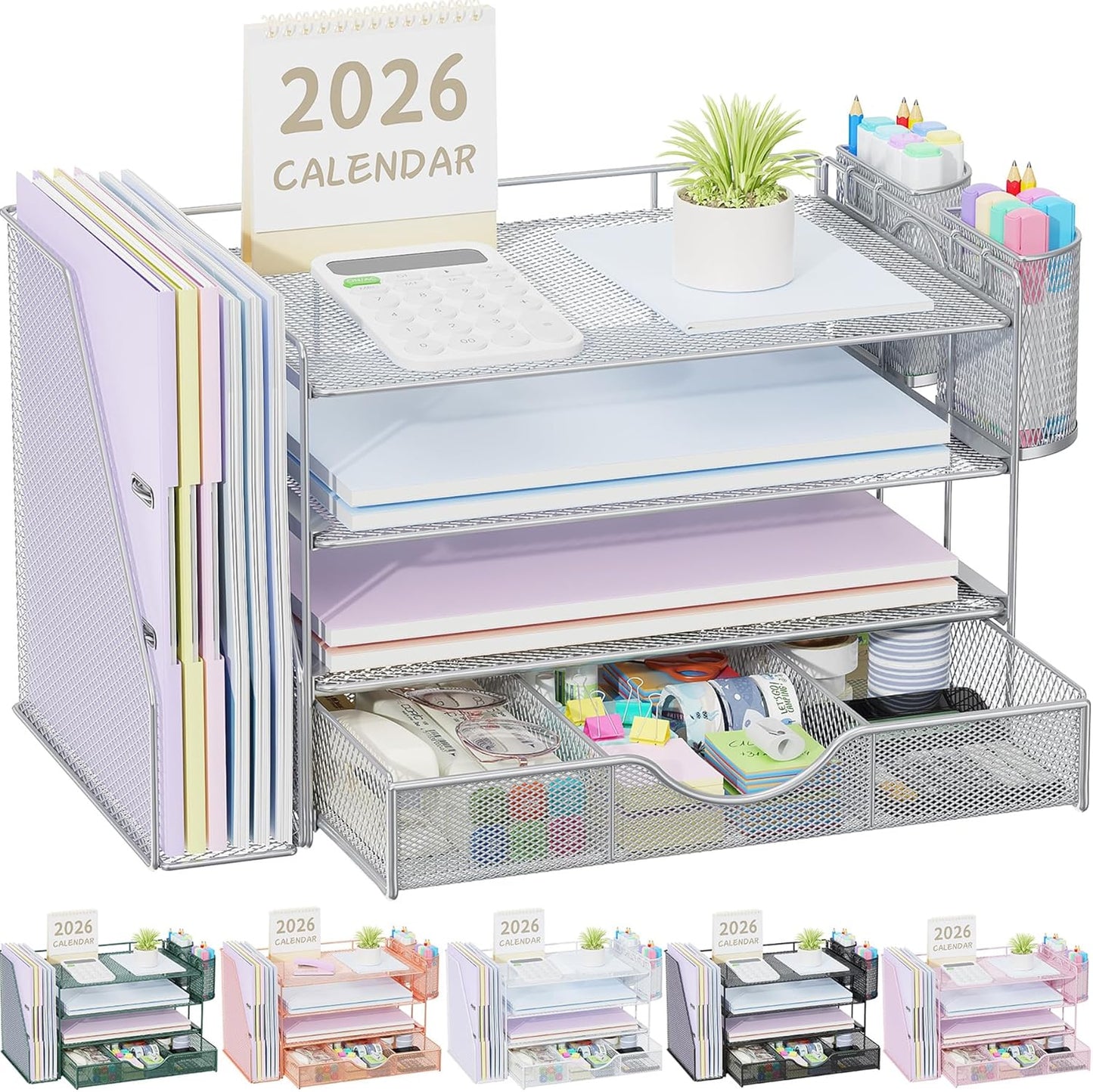 Desk Organizers and Accessories with File Holder, 4-Tier Desk Accessories & Workspace Organizers with Drawer and 2 Pen Holder, Paper Organizer for Office Supplies (Rose Gold)
