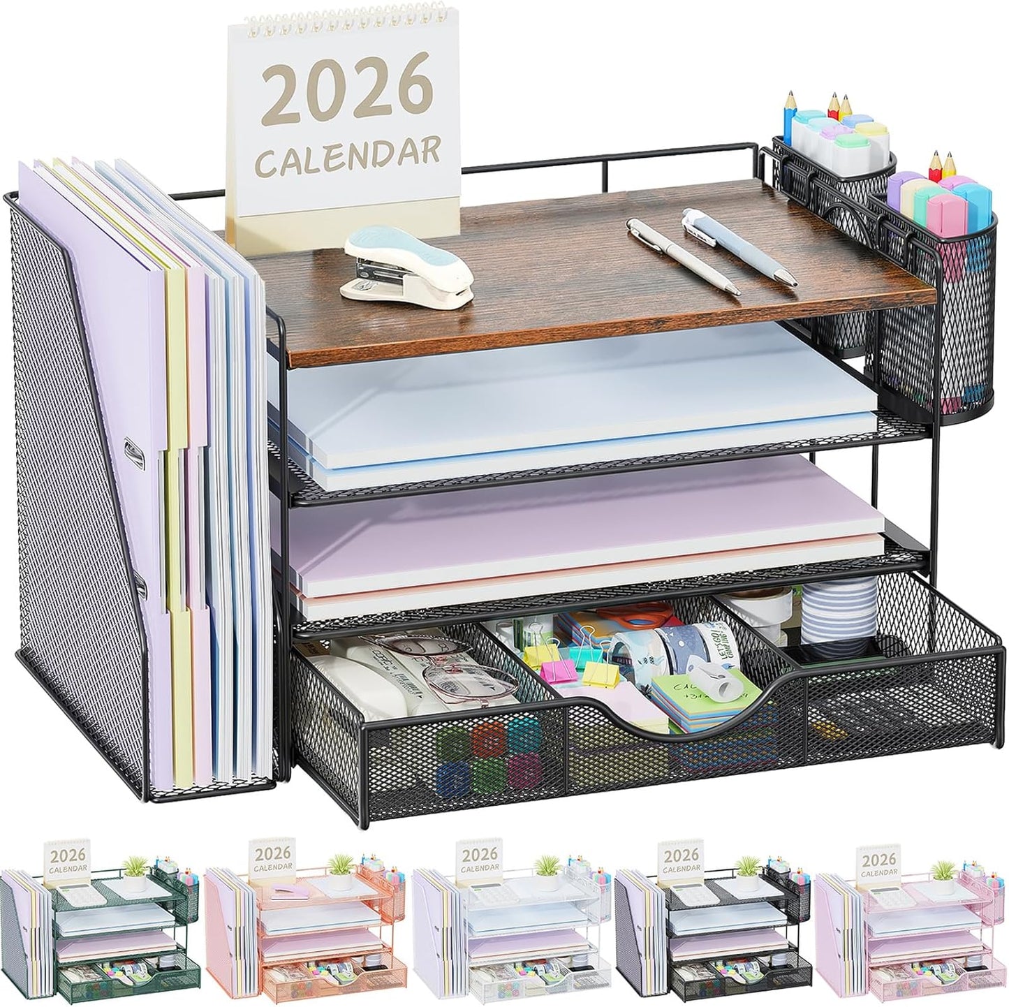Desk Organizers and Accessories with File Holder, 4-Tier Desk Accessories & Workspace Organizers with Drawer and 2 Pen Holder, Paper Organizer for Office Supplies (Rose Gold)