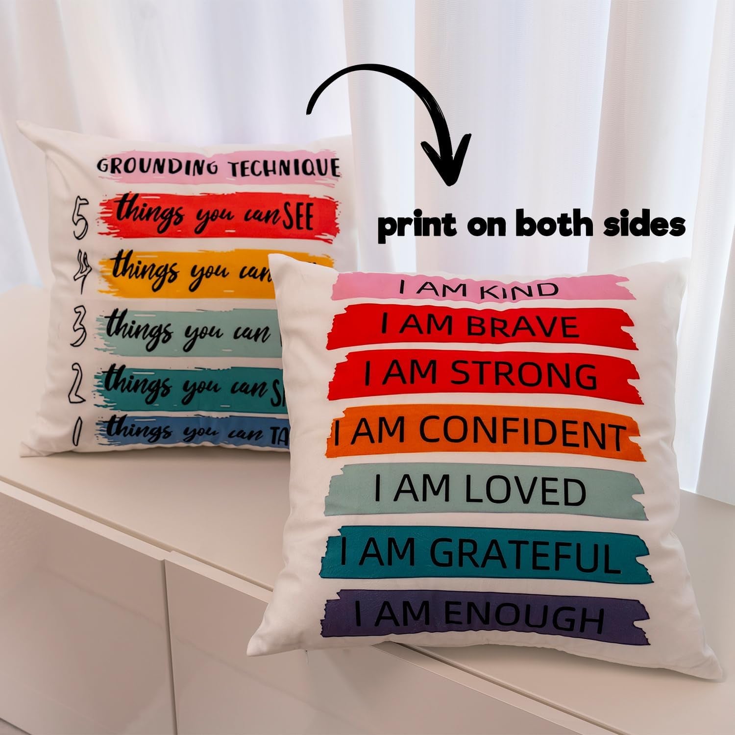 Inspirational Grounding Technique All Feelings Are Okay Reversible Throw Pillow Covers 18X18 in Set of 2,Home Mental Health Therapist Office Decorative Cushion Covers, Therapist Gifts for Women