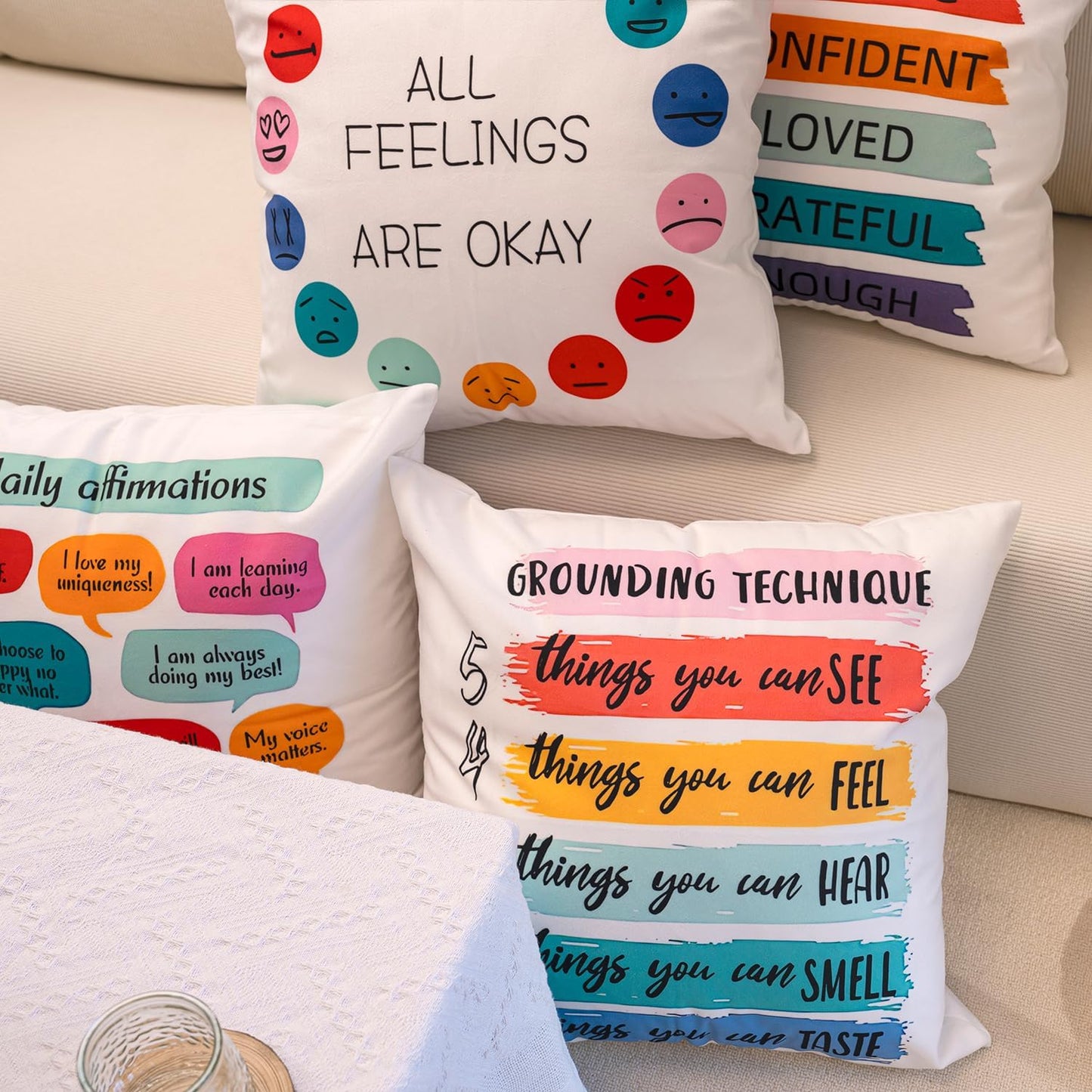 Inspirational Grounding Technique All Feelings Are Okay Reversible Throw Pillow Covers 18X18 in Set of 2,Home Mental Health Therapist Office Decorative Cushion Covers, Therapist Gifts for Women