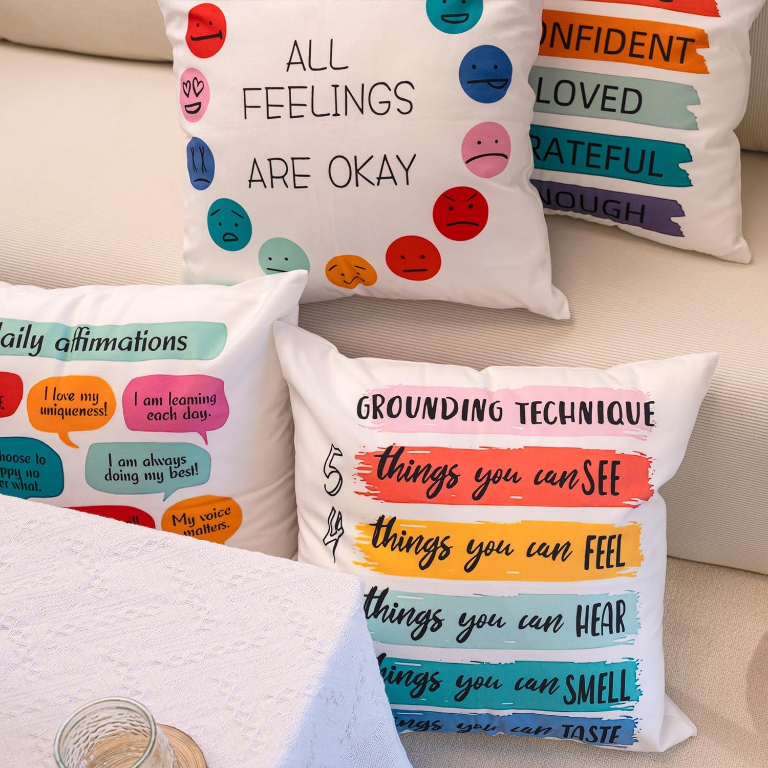 Inspirational Grounding Technique All Feelings Are Okay Reversible Throw Pillow Covers 18X18 in Set of 2,Home Mental Health Therapist Office Decorative Cushion Covers, Therapist Gifts for Women