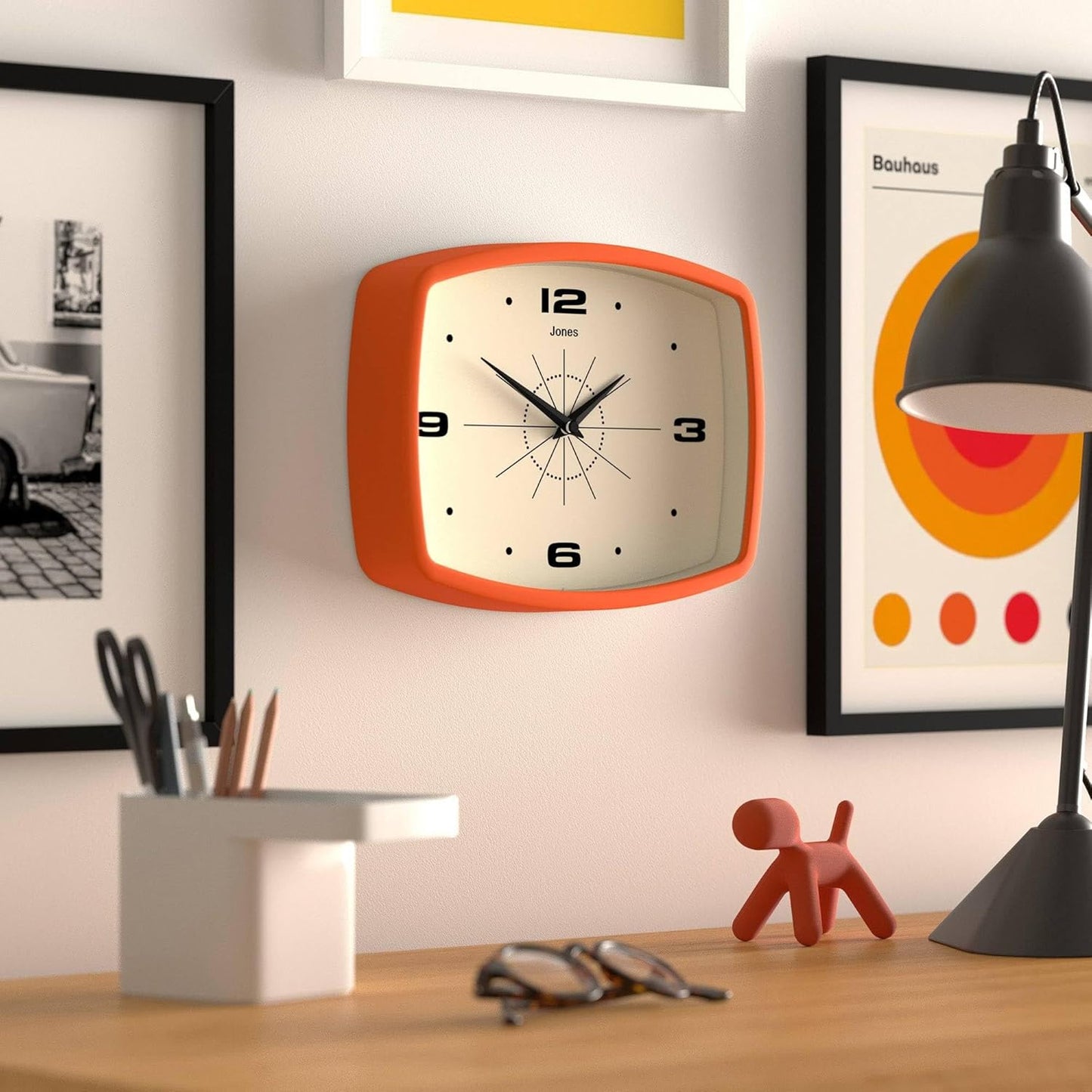 ® Movie Wall Clock | Retro Rectangular Clock | 10 Inch | Orange | Cool Mid-Century Designer Look for Kitchen, Living Room or Office