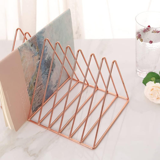 9 Slot Rose Gold Magazine Holder,Desktop File Sorter Organizer Triangle Bookshelf Decor Home Office