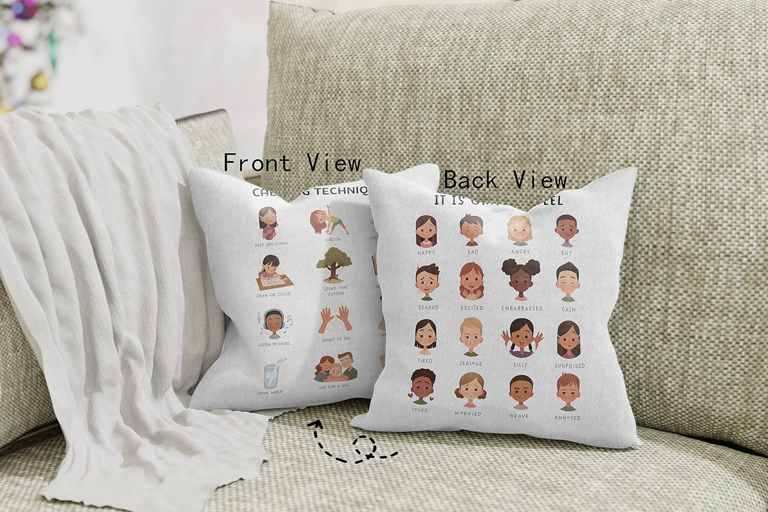 Mental Health Calming Techniques It Is Okay to Feel Reversible Throw Pillow Case 18″×18″,Cute Cartoon Faces Emotions Decorative Pillowcase for Therapy Office Consulting Room,Gifts for Teens Girls