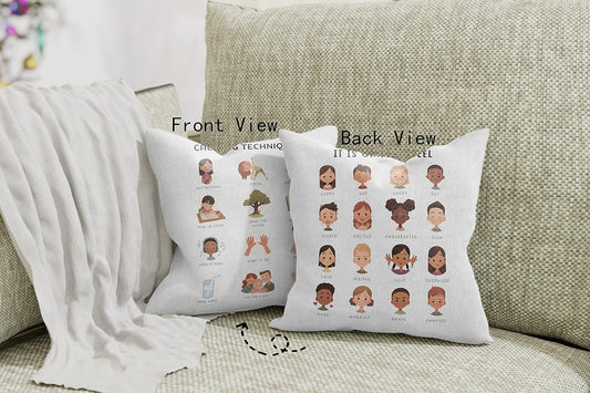 Mental Health Calming Techniques It Is Okay to Feel Reversible Throw Pillow Case 18″×18″,Cute Cartoon Faces Emotions Decorative Pillowcase for Therapy Office Consulting Room,Gifts for Teens Girls