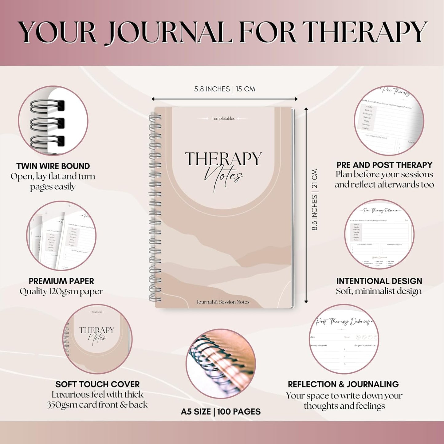Therapy Notes Journal - Pre & Post Therapy Planner for Reflection, Journaling & Self-Discovery | Premium 120Gsm Paper with Soft Touch Cover | A5 Lux