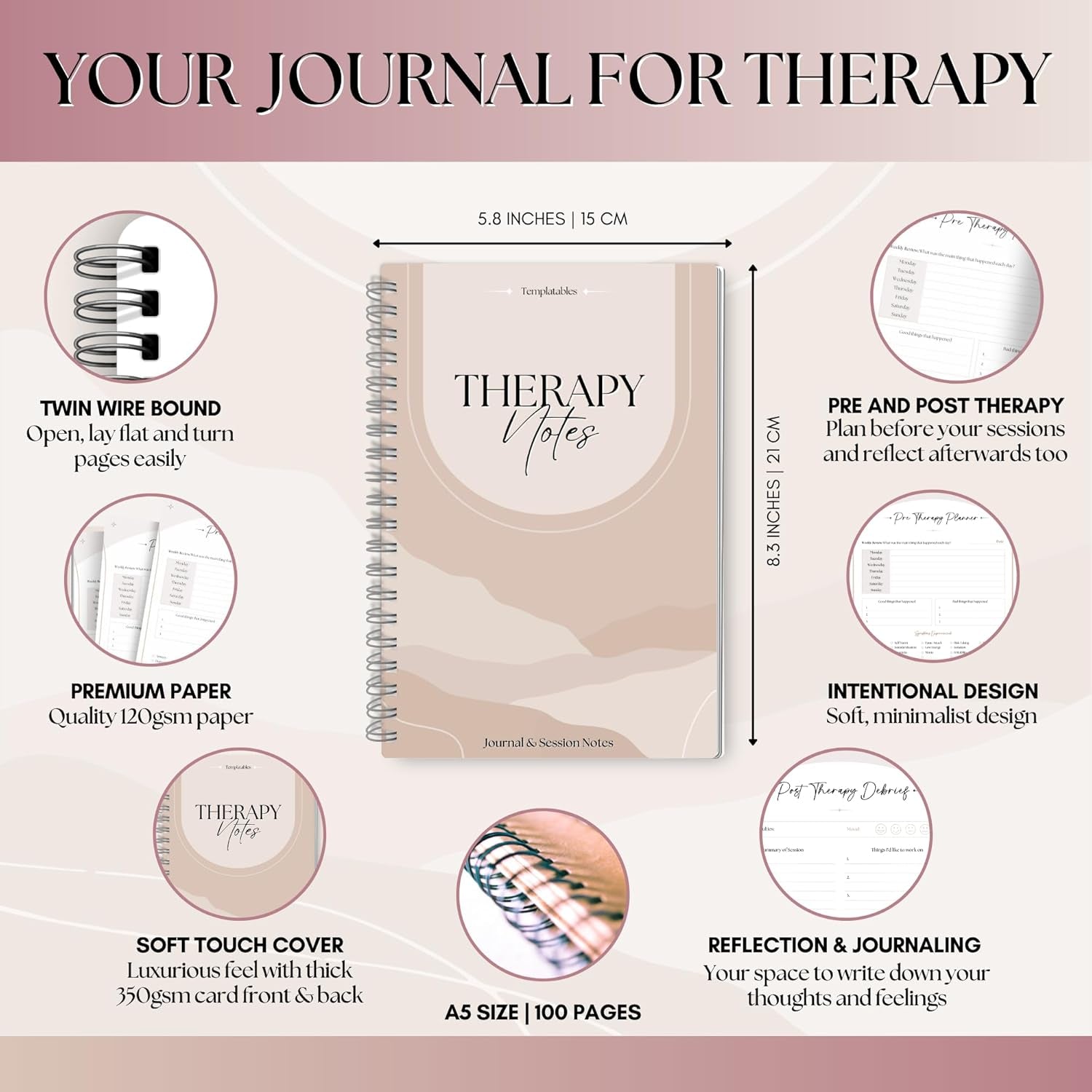 Therapy Notes Journal - Pre & Post Therapy Planner for Reflection, Journaling & Self-Discovery | Premium 120Gsm Paper with Soft Touch Cover | A5 Lux