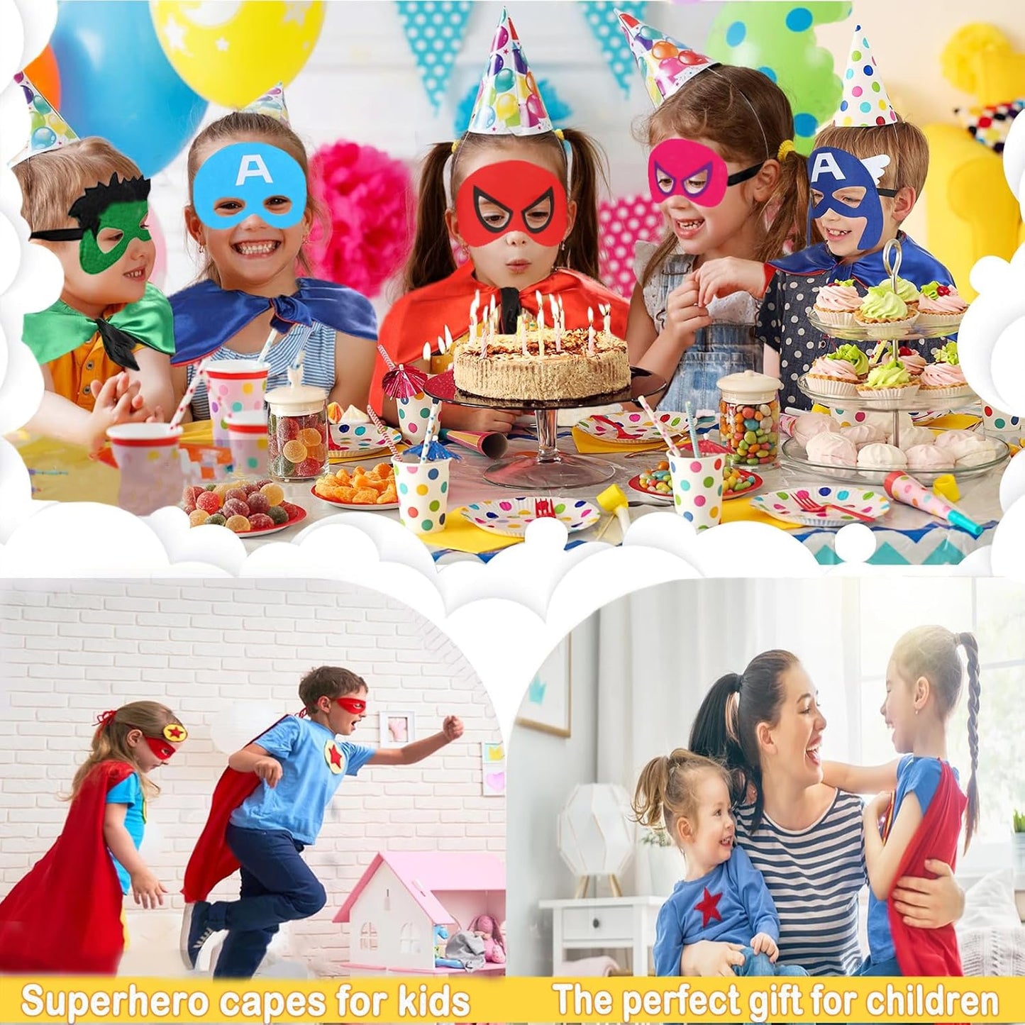 Kids Superhero Capes Satin Cosplay Cape Dress up Cloak for Boys Girls Birthday Halloween Party Supplies(4 Pack)