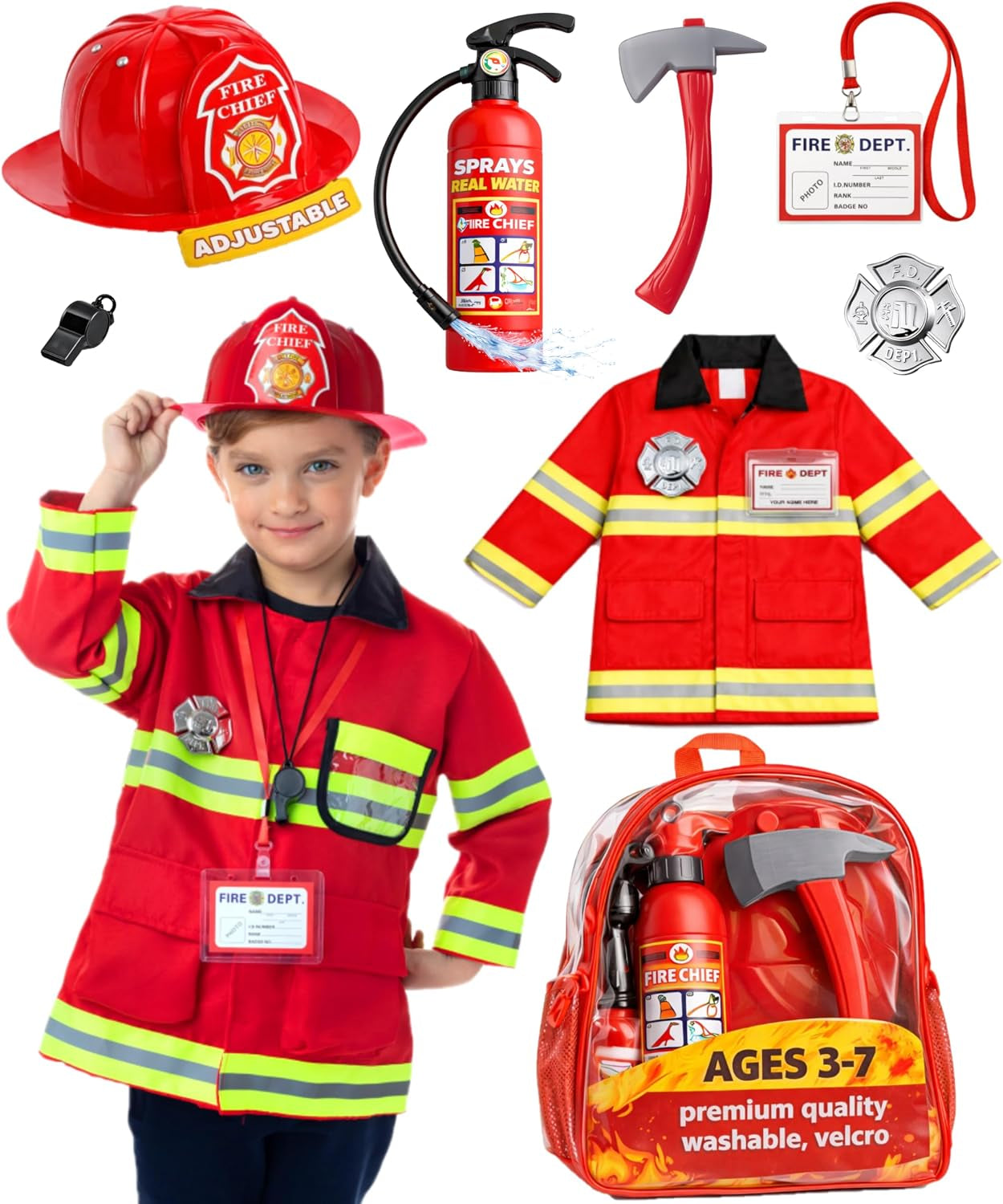 6-In-1 Toddler Dress up Clothes for Boys & Girls Ages 3-7, Police, Firefighter, Doctor, Chef, Gardener & Explorer with Storage Box, Washable Pretend Play Costumes for Kids, Gift Ready Set