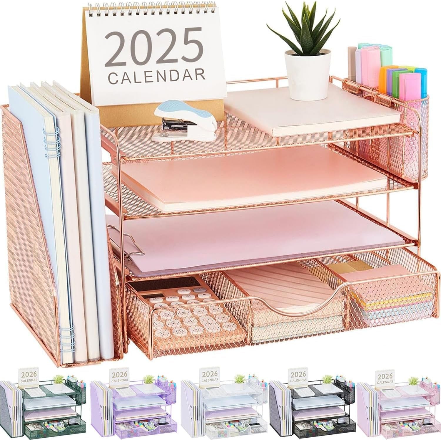 Desk Organizers and Accessories with File Holder, 4-Tier Desk Accessories & Workspace Organizers with Drawer and 2 Pen Holder, Paper Organizer for Office Supplies (Rose Gold)