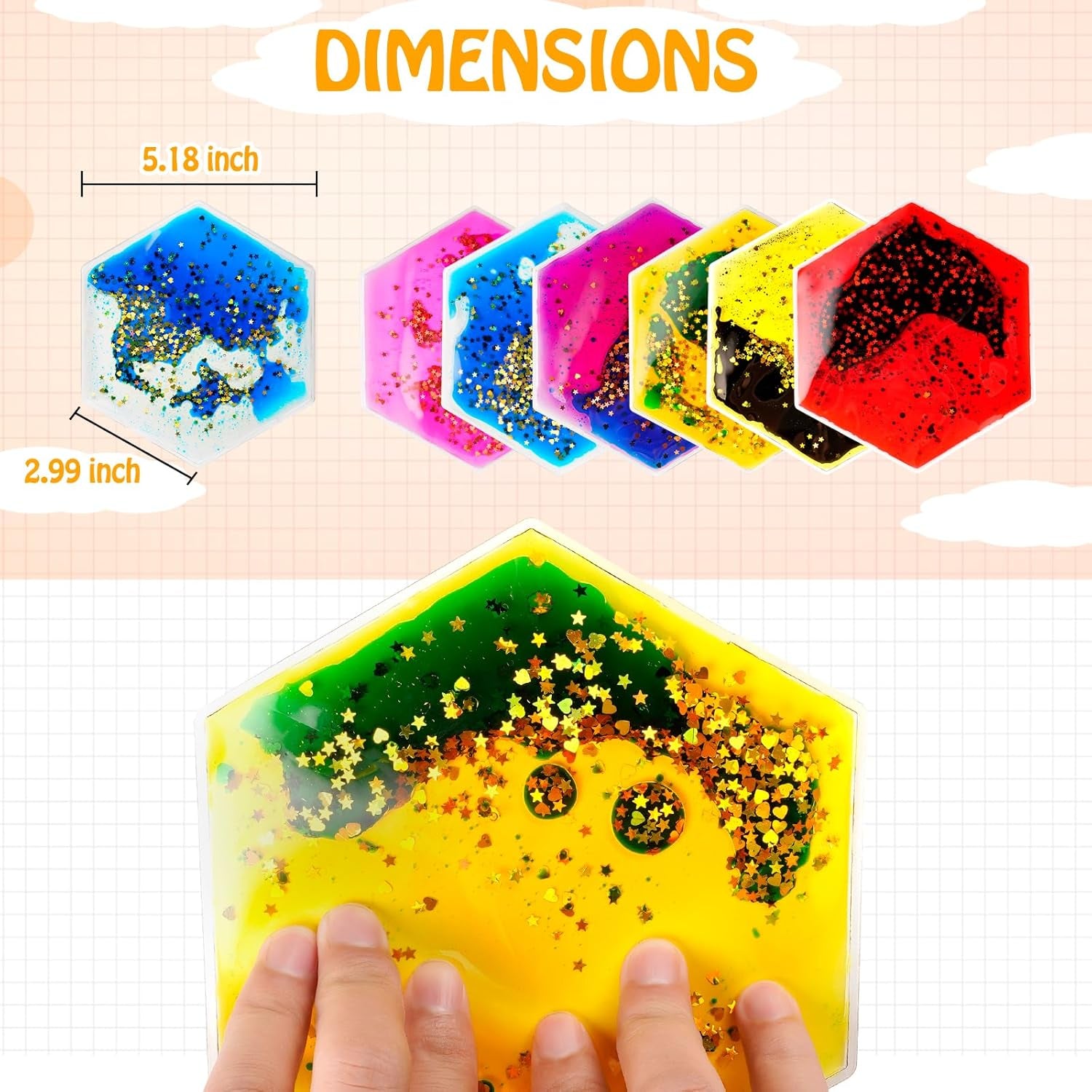Sensory Soft Gel Liquid Toys - Hexagon Sensory Motion Fidget for Autism Kids, Stress Relief & Focus, Home School Therapy Travel Toys (6 Pack)