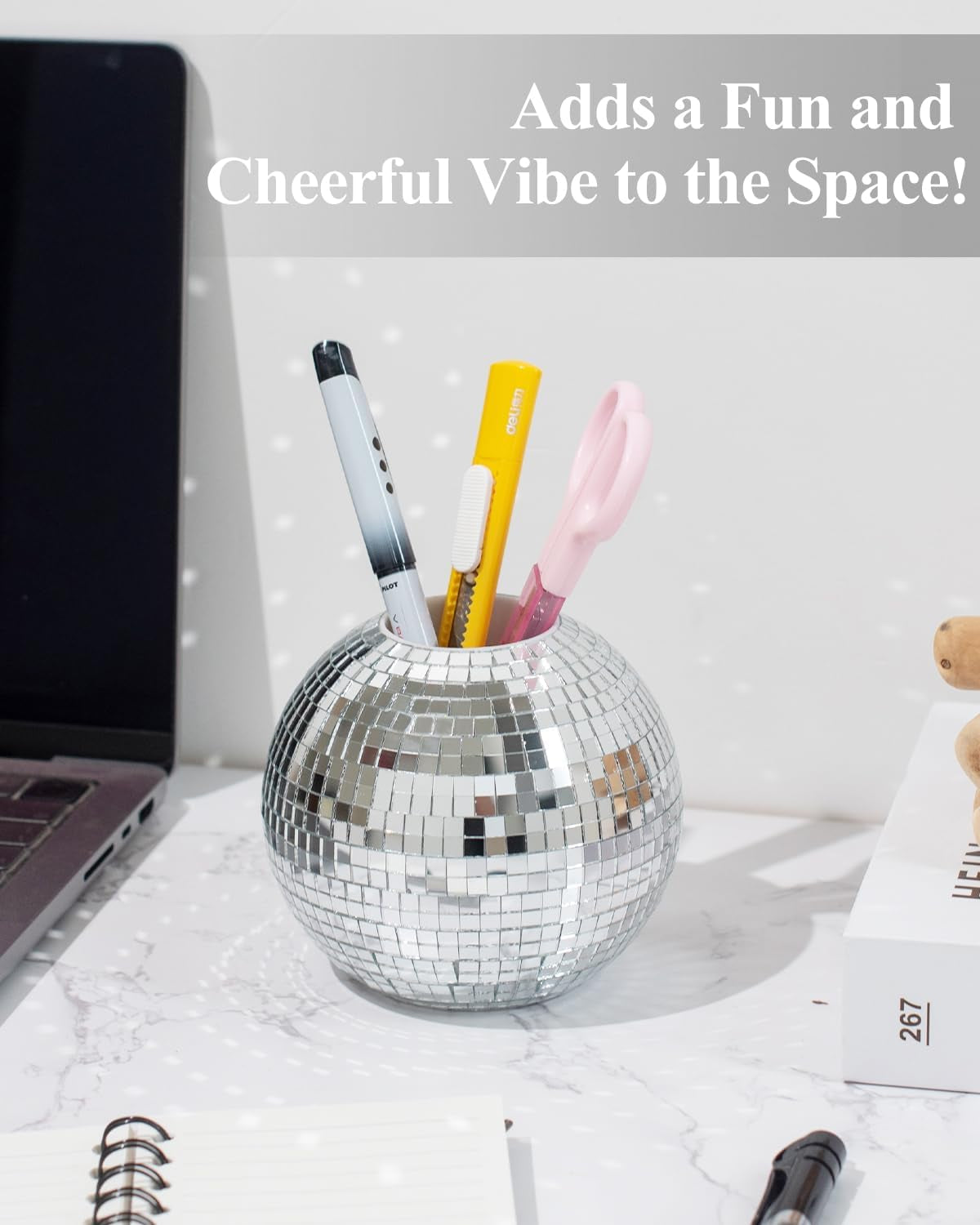Disco Ball Pencil Holder for Desk - Pen & Makeup Brush Organizer with Silver Sequins, Disco Accessories Decor for Office, Home, or Bedroom - 4 In
