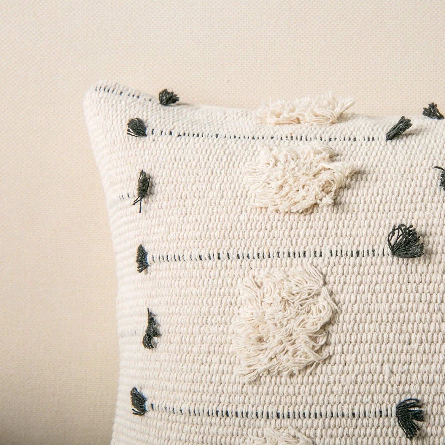 Boho Woven Tufted Series Decorative Throw Pillow Cover, 12" X 20", Beige with Black Dot, 1 Pack