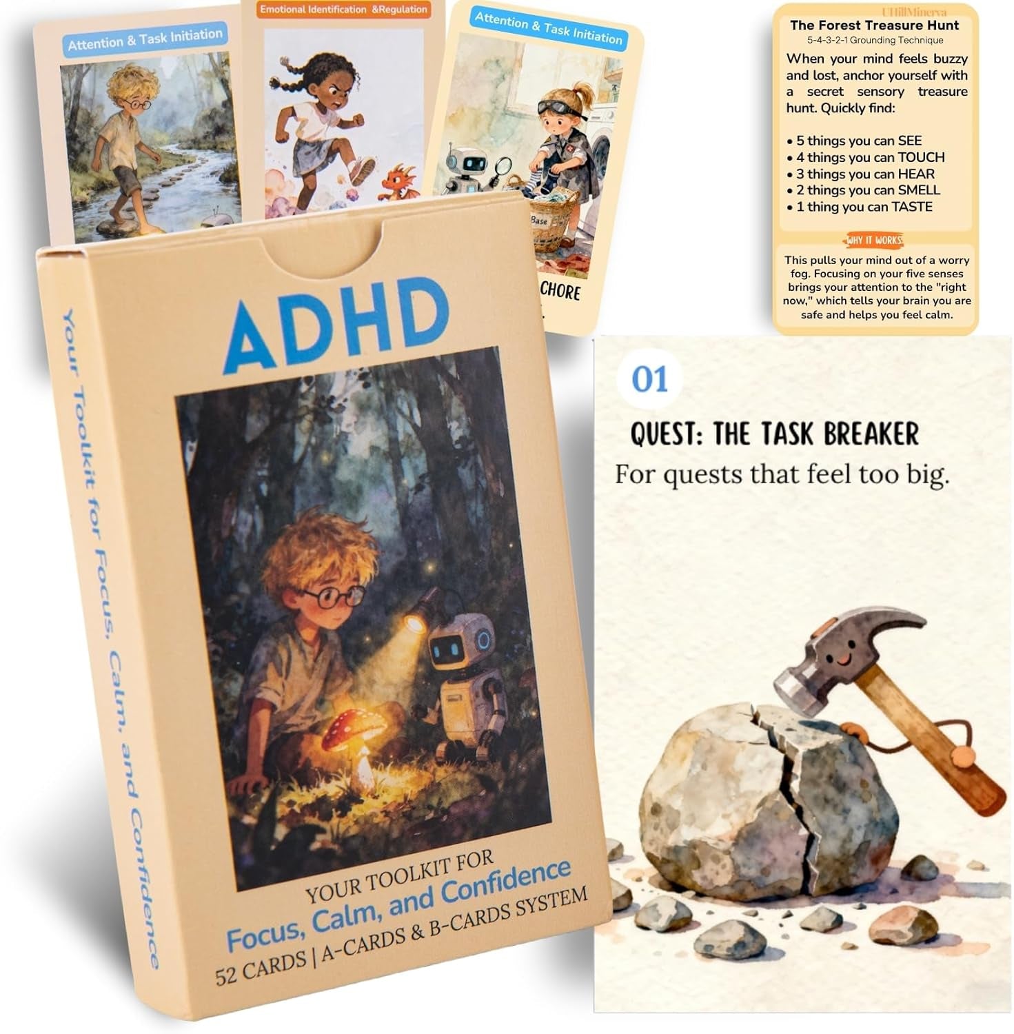 ADHD Skill Cards for Kids & Parents - 52 Guided Therapy Cards for Emotional Regulation, Focus & Social Skills - Pocket-Sized Behavior Management Tool with A/B System, Ages 6-12, Home School Therapy